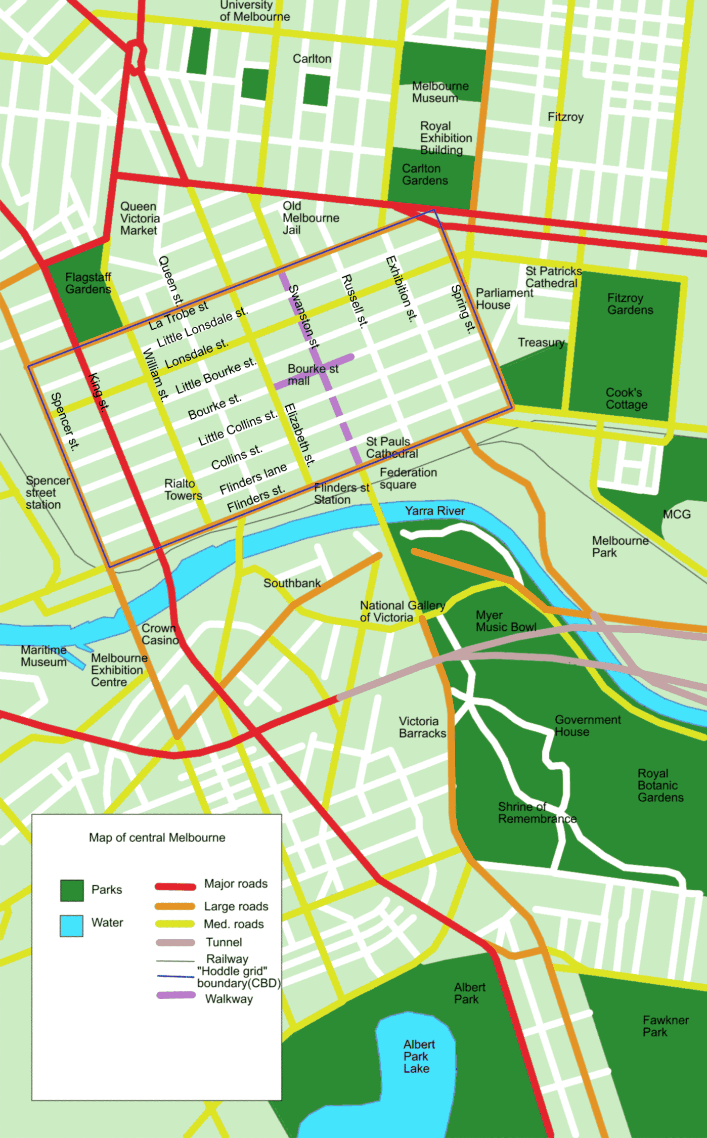 Map of central Melbourne showing the Yarra River