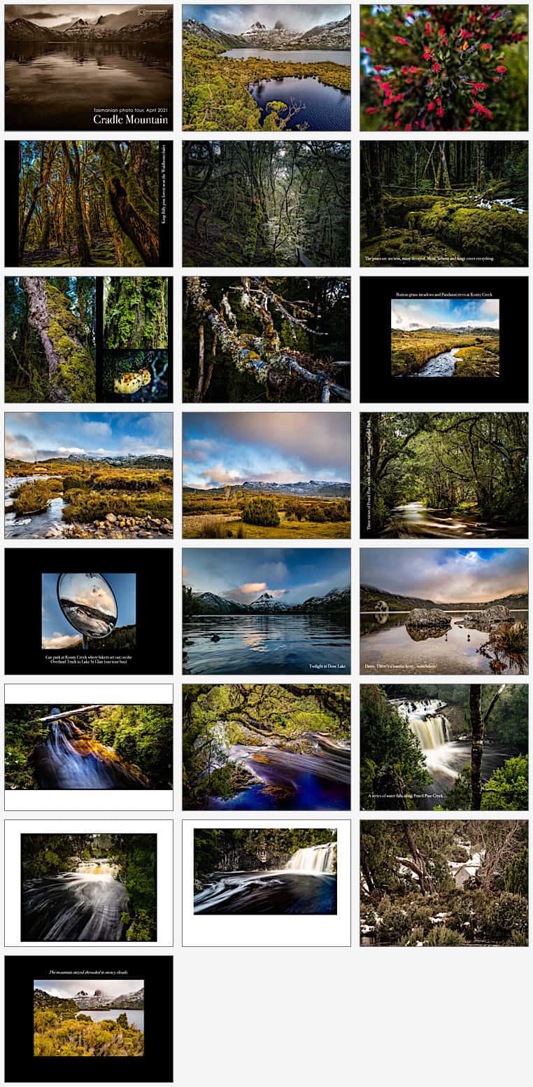 Thumbnail pages from the Cradle Mountain photo-book — click to download PDF